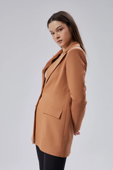 Açık Kahverengi Kruvaze Uzun Blazer Ceket - 7
