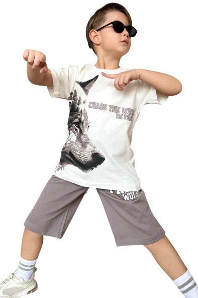 Erkek Çocuk Kurt Ve Free Wolf Yazı Baskılı Gri Şortlu Takım - Resim 5