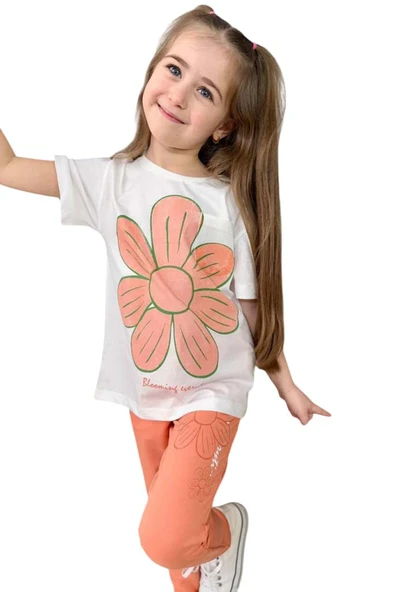Kız Çocuk Üzeri Papatya Baskılı T-Shirt Çift Cepli Lastikli Turuncu Pijama Takımı - Resim 6