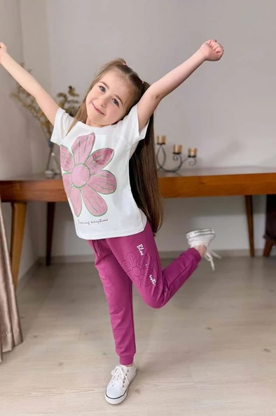Kız Çocuk Üzeri Papatya Baskılı T-Shirt Çift Cepli Lastikli Mor Pijama Takımı - 4