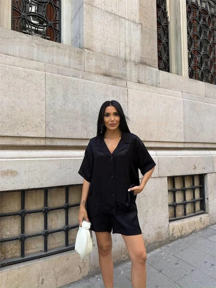 JAKARLI GÖMLEK -ŞORT TAKIM - Siyah