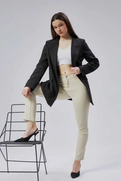 Siyah Kruvaze Uzun Blazer Ceket - 11