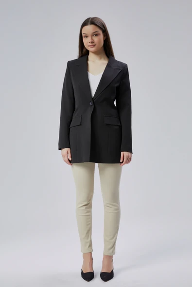 Siyah Kruvaze Uzun Blazer Ceket - 8