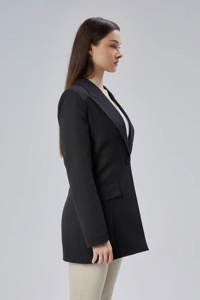 Siyah Kruvaze Uzun Blazer Ceket - 12