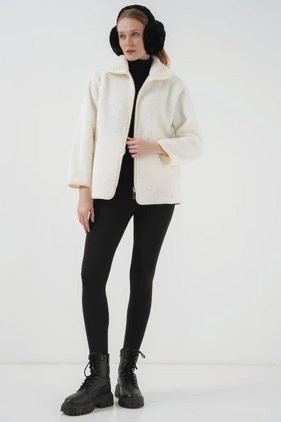 5211 Fermuarlı Peluş Mont - Ekru - 2