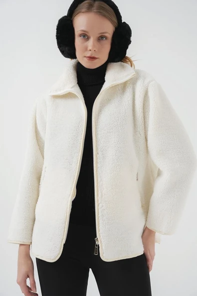 5211 Fermuarlı Peluş Mont - Ekru - 3