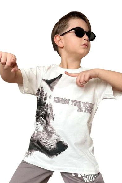 Erkek Çocuk Kurt Ve Free Wolf Yazı Baskılı Gri Şortlu Takım - Resim 6