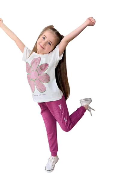Kız Çocuk Üzeri Papatya Baskılı T-Shirt Çift Cepli Lastikli Mor Pijama Takımı - 7