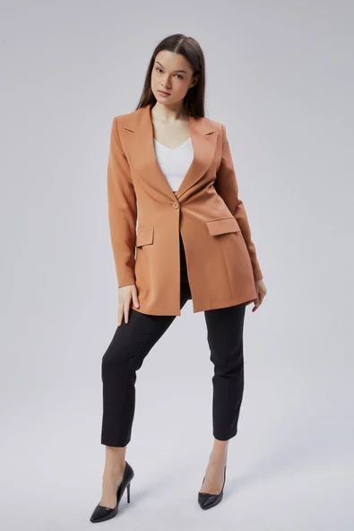 Açık Kahverengi Kruvaze Uzun Blazer Ceket - 8
