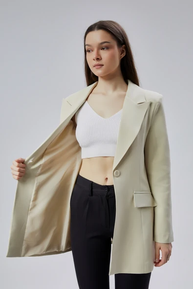 Bej Kruvaze Uzun Blazer Ceket - 2