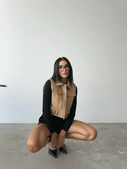 DERİ CROP YELEK - Bej - Resim 2