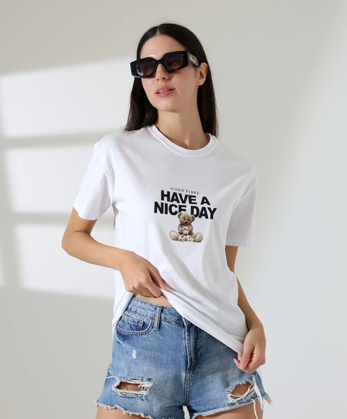 Kadın Ön Ve arka Ayıcık baskılı Bisiklet Yaka t-shirt - 7