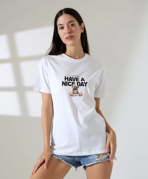 Kadın Ön Ve arka Ayıcık baskılı Bisiklet Yaka t-shirt - 5