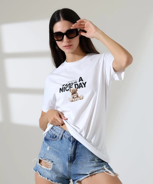 Kadın Ön Ve arka Ayıcık baskılı Bisiklet Yaka t-shirt - 8