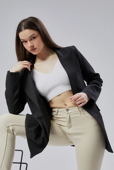 Siyah Kruvaze Uzun Blazer Ceket