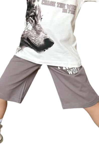Erkek Çocuk Kurt Ve Free Wolf Yazı Baskılı Gri Şortlu Takım - Resim 7