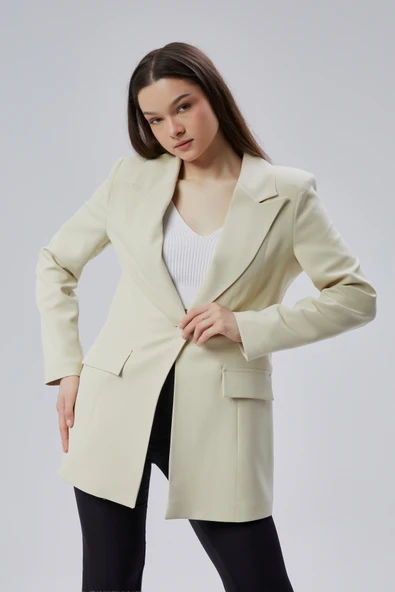 Bej Kruvaze Uzun Blazer Ceket