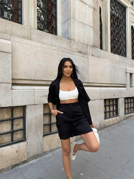 JAKARLI GÖMLEK -ŞORT TAKIM - Siyah - 3