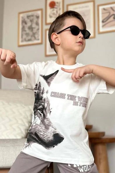Erkek Çocuk Kurt Ve Free Wolf Yazı Baskılı Gri Şortlu Takım - 3