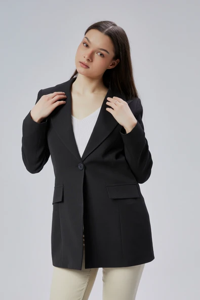 Siyah Kruvaze Uzun Blazer Ceket - 5
