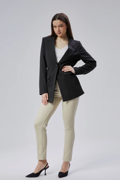 Siyah Kruvaze Uzun Blazer Ceket - 10