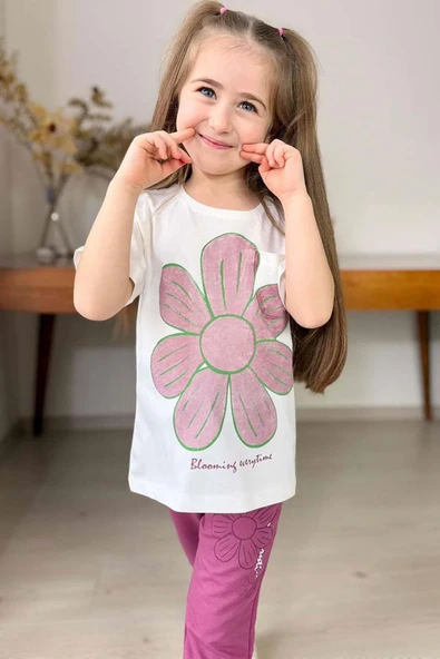 Kız Çocuk Üzeri Papatya Baskılı T-Shirt Çift Cepli Lastikli Mor Pijama Takımı - 7