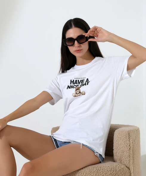 Kadın Ön Ve arka Ayıcık baskılı Bisiklet Yaka t-shirt - 10