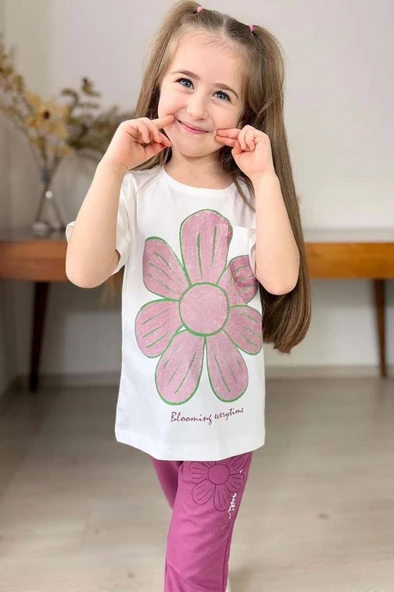 Kız Çocuk Üzeri Papatya Baskılı T-Shirt Çift Cepli Lastikli Mor Pijama Takımı - 3