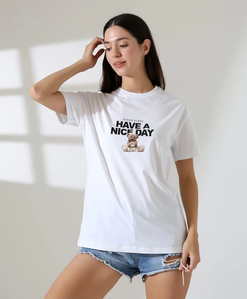 Kadın Ön Ve arka Ayıcık baskılı Bisiklet Yaka t-shirt - 6