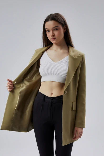 Açık Haki Kruvaze Uzun Blazer Ceket - 2