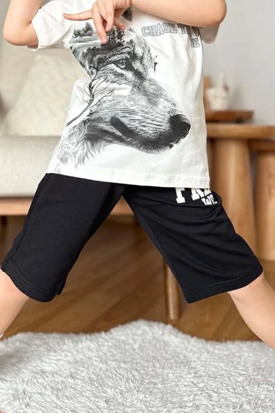 Erkek Çocuk Kurt Ve Free Wolf Yazı Baskılı Siyah Şortlu Takım - 4
