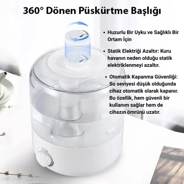 Polham 2.5 Litre Ultra Sessiz Koku, Esans Eklenebilir Hava Nemlendirici, Otomatik Kapanma Güvenlikli Nem Cihazı - 2