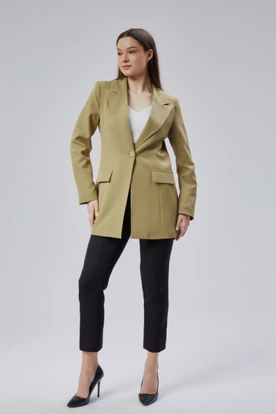 Açık Haki Kruvaze Uzun Blazer Ceket - 11