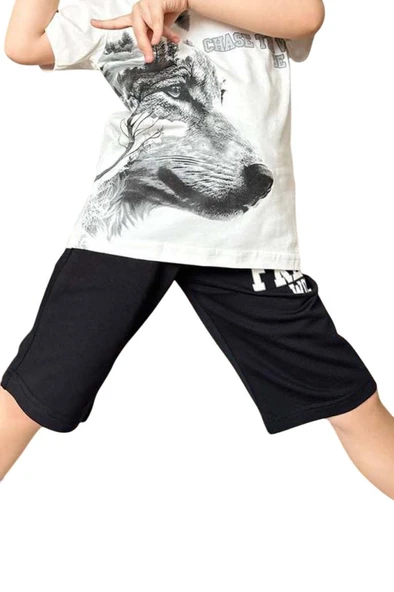 Erkek Çocuk Kurt Ve Free Wolf Yazı Baskılı Siyah Şortlu Takım - 7