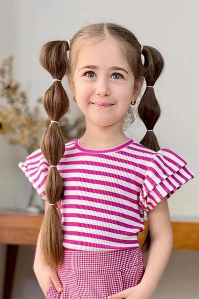 Kız Çocuk Yatay Çizgiler Kolsuz Omuzları Fırfırlı Bluz Pötikare Kumaş Pantolon Pembe Alt Üst Takım - Resim 3