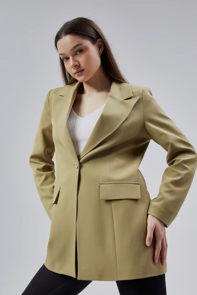 Açık Haki Kruvaze Uzun Blazer Ceket - 6