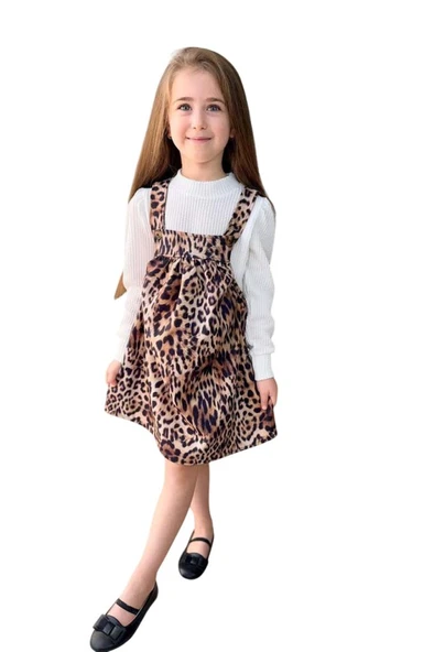 Kız Çocuk Dik Yaka Fitilli Kazak Askılı Leopar Desenli Salopet Takım - 7