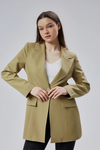 Açık Haki Kruvaze Uzun Blazer Ceket - 7