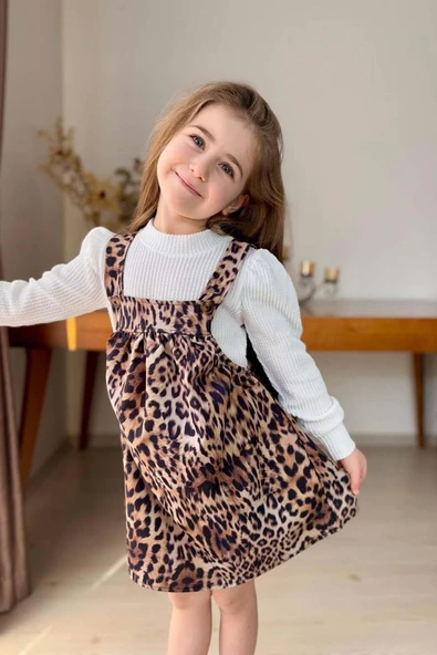 Kız Çocuk Dik Yaka Fitilli Kazak Askılı Leopar Desenli Salopet Takım - 4