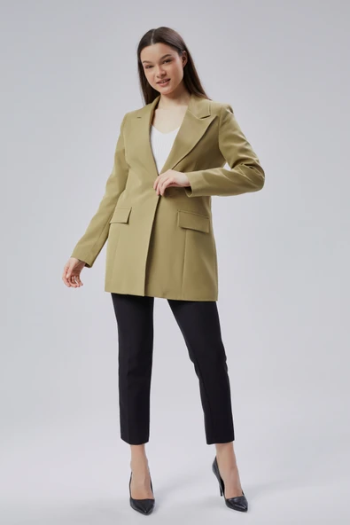 Açık Haki Kruvaze Uzun Blazer Ceket - 12