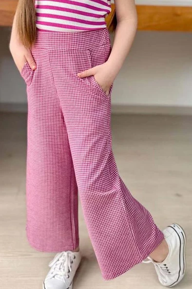 Kız Çocuk Yatay Çizgiler Kolsuz Omuzları Fırfırlı Bluz Pötikare Kumaş Pantolon Pembe Alt Üst Takım - Resim 4