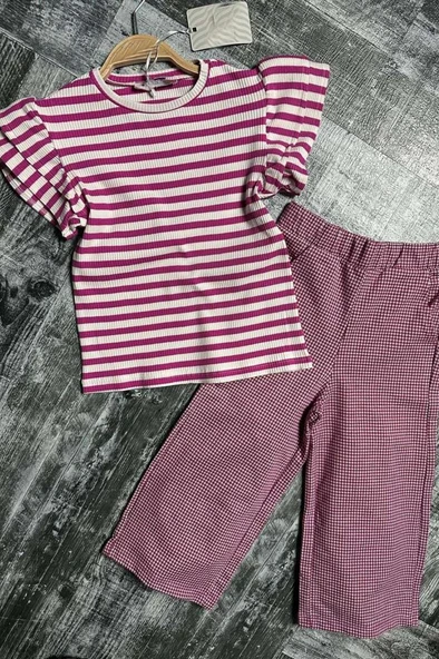 Kız Çocuk Yatay Çizgiler Kolsuz Omuzları Fırfırlı Bluz Pötikare Kumaş Pantolon Pembe Alt Üst Takım - Resim 5