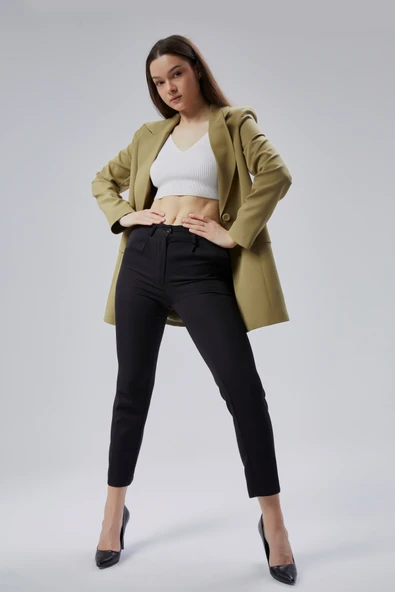 Açık Haki Kruvaze Uzun Blazer Ceket - 8