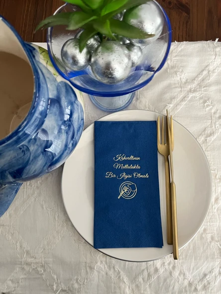 Gold Yaldızlı Bodrum Mavisi Kahvaltının Mutlulukla Bir İlgisi Olmalı Peçete 16 Adet ürün görseli