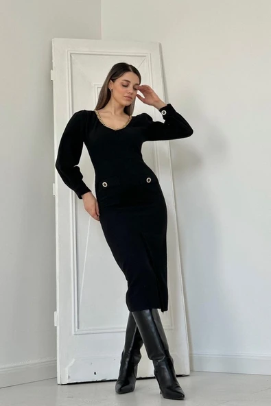 Siyah Geniş Boğazlı Elbise - 3