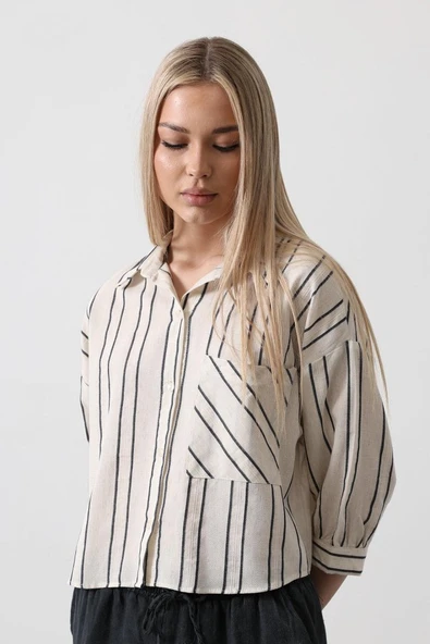 Çizgili Kısa Gömlek - Ekru-Lacivert - Resim 2