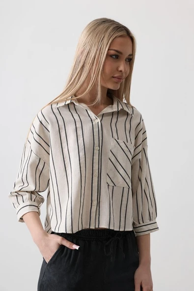 Çizgili Kısa Gömlek - Ekru-Lacivert - Resim 3