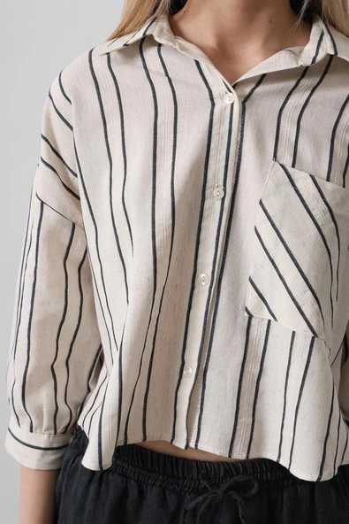 Çizgili Kısa Gömlek - Ekru-Lacivert - Resim 4