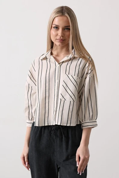 Çizgili Kısa Gömlek - Ekru-Lacivert ürün görseli