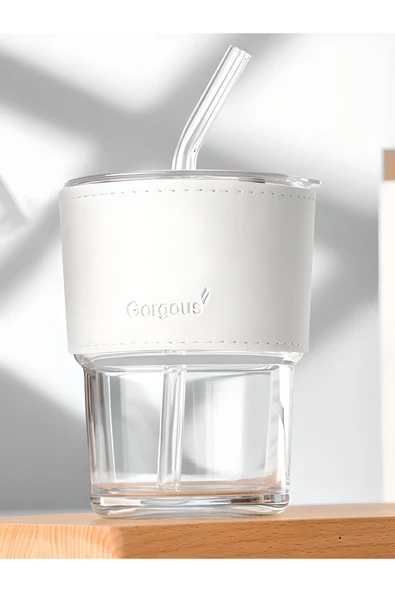 Cam Kahve Sunum Bardağı - 400 ml Deri Şeritli ve Pipet Delikli Tasarım - 2
